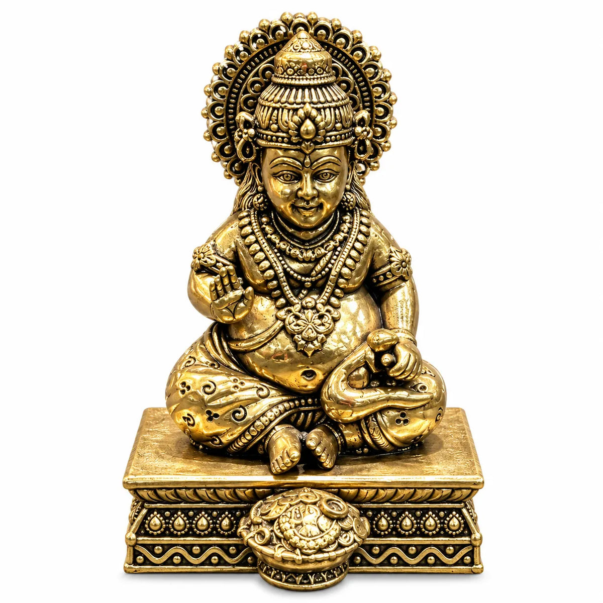 Antique Golden Lord Kubera Idol with Ornate Crown & Decorative Pedestal