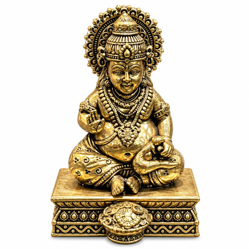Antique Golden Lord Kubera Idol with Ornate Crown & Decorative Pedestal