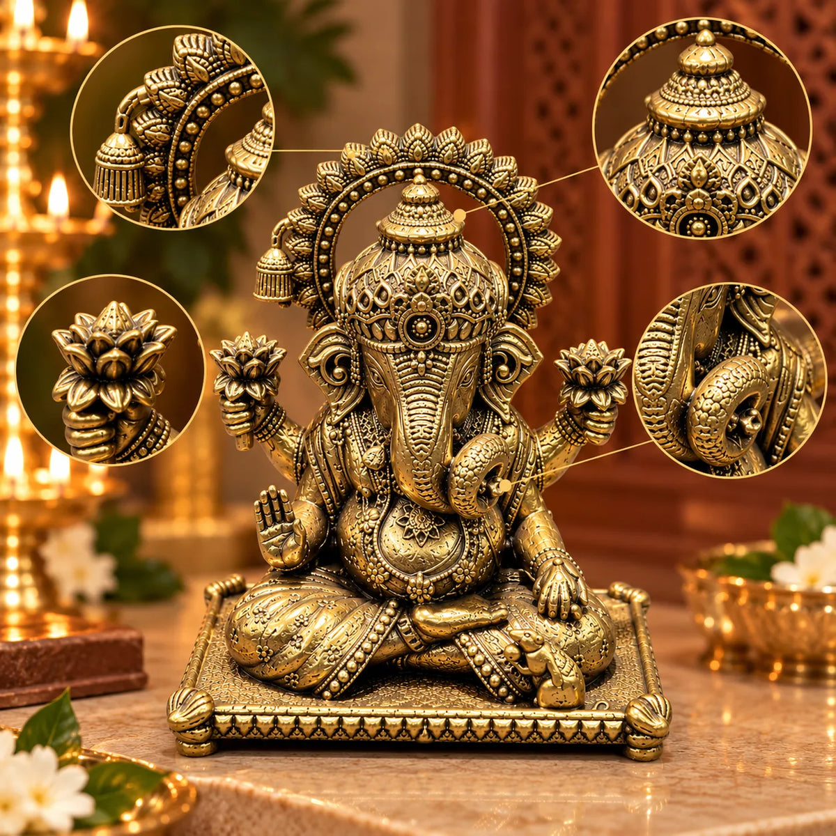 Antique Golden Brass Lord Ganesha Idol with Lotus Flowers & Ornate Square Base