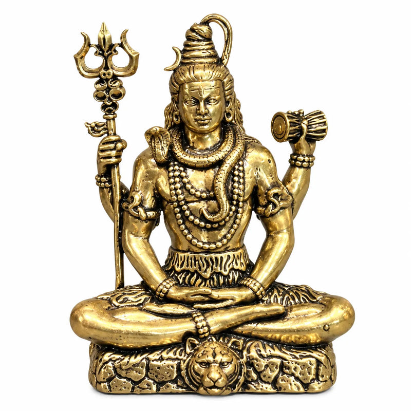 Antique Golden Brass Lord Shiva Idol with Trishul & Damru on Rock Base