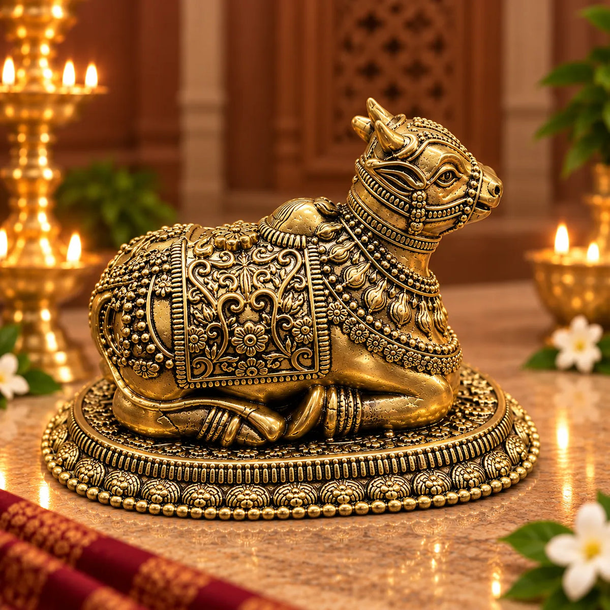 Antique Golden Brass Nandi Bull Idol with Floral Carvings & Decorative Oval Base