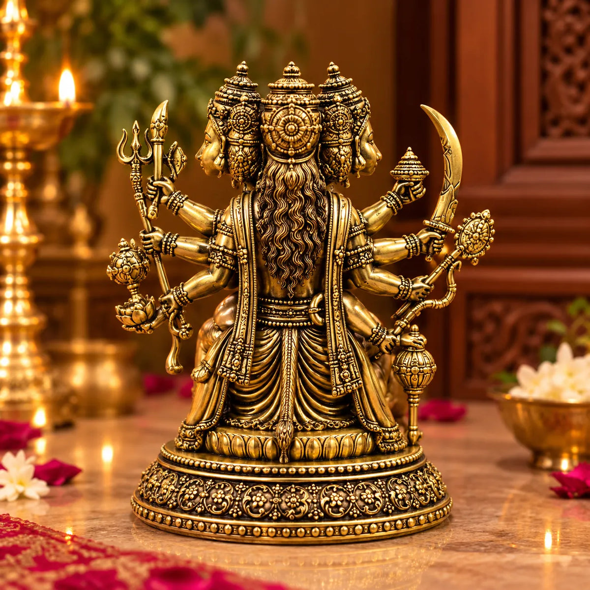 Antique Golden Panchmukhi Hanuman Idol with Multiple Arms & Ornate Round Base