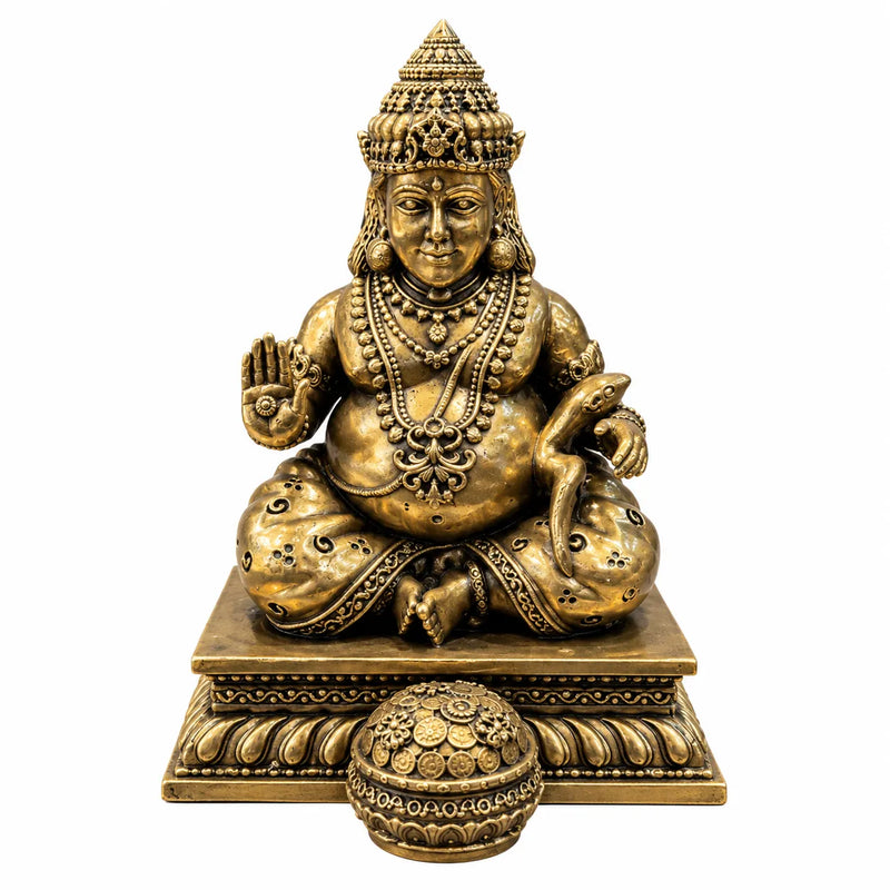 Antique Golden Kubera Idol with Decorative Pedestal – Traditional Wealth God Idol