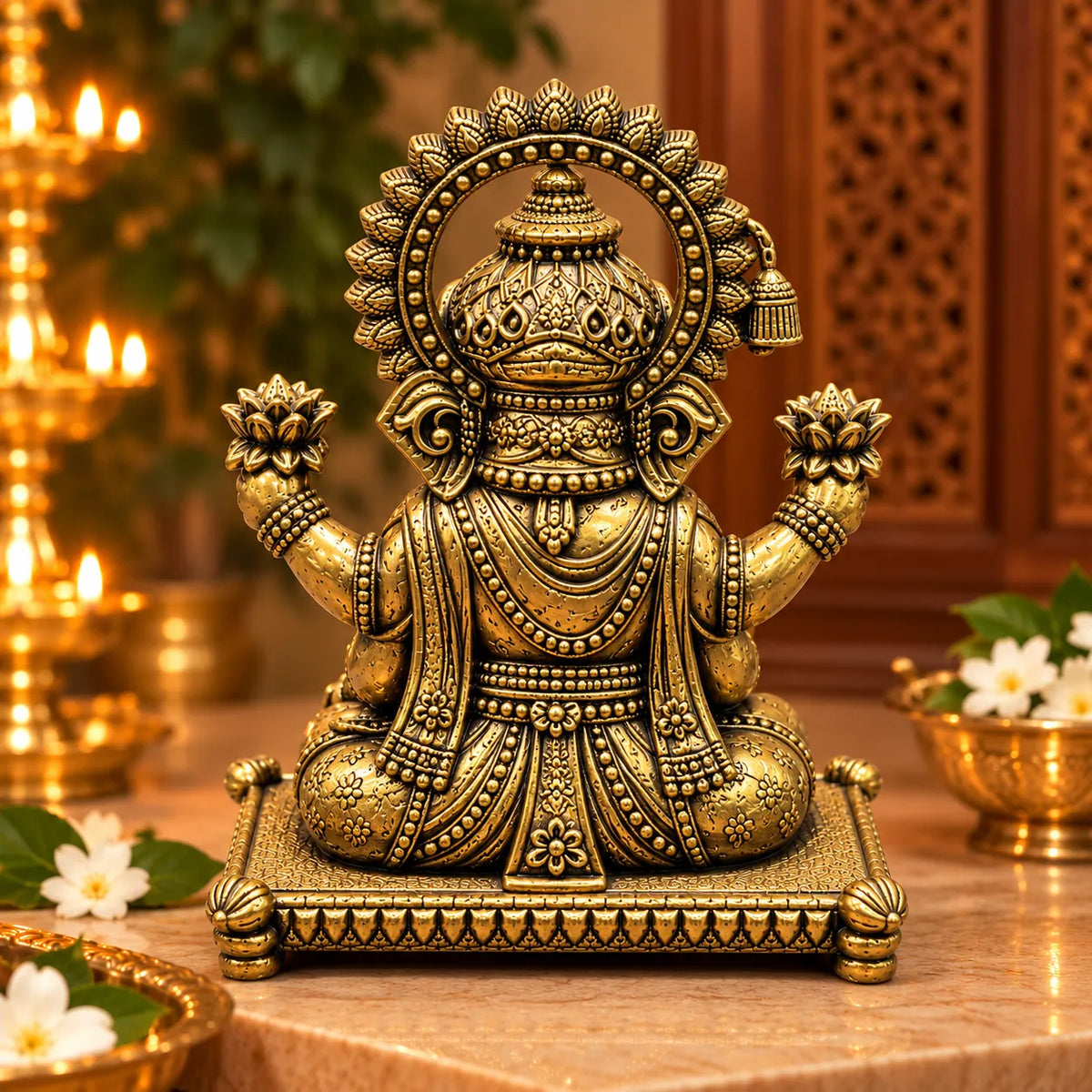 Antique Golden Brass Lord Ganesha Idol with Lotus Flowers & Ornate Square Base