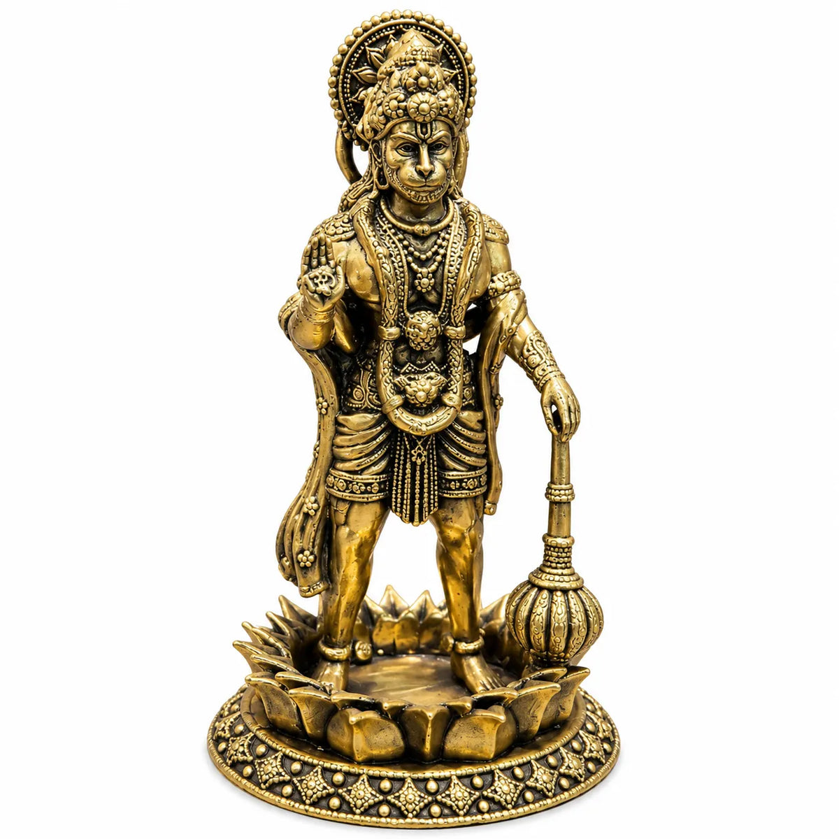 Antique Golden Lord Hanuman Idol with Gada & Decorative Lotus Pedestal