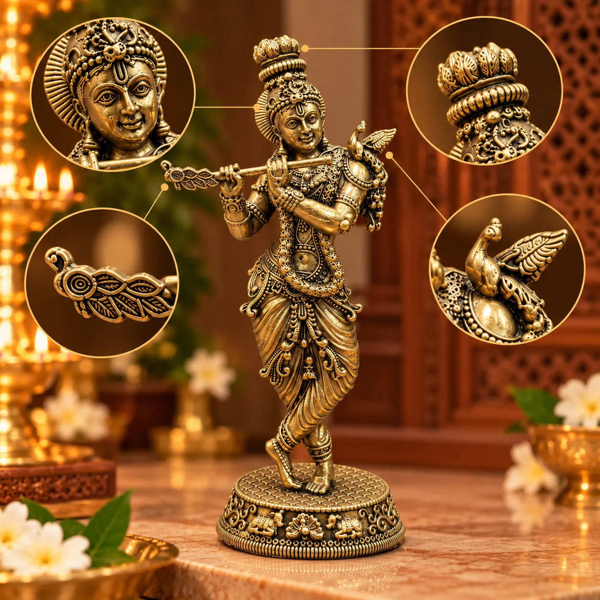 Antique Golden Brass Lord Krishna Idol with Flute on Lotus Pedestal