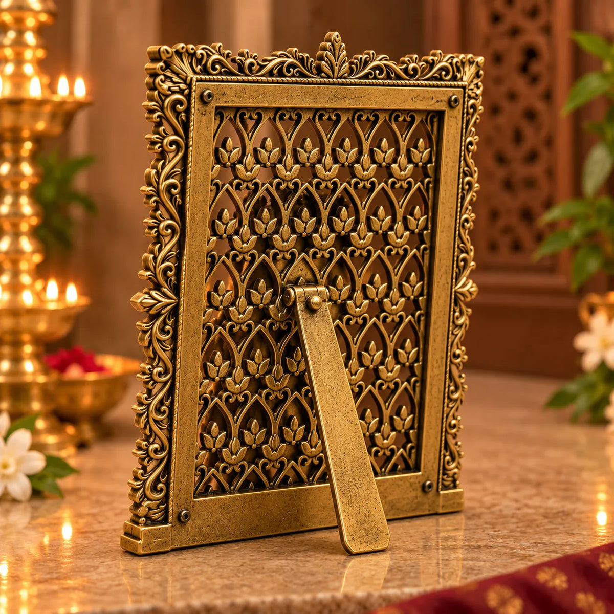 Antique Golden Radha Krishna Idol in Decorative Floral Frame with Stand
