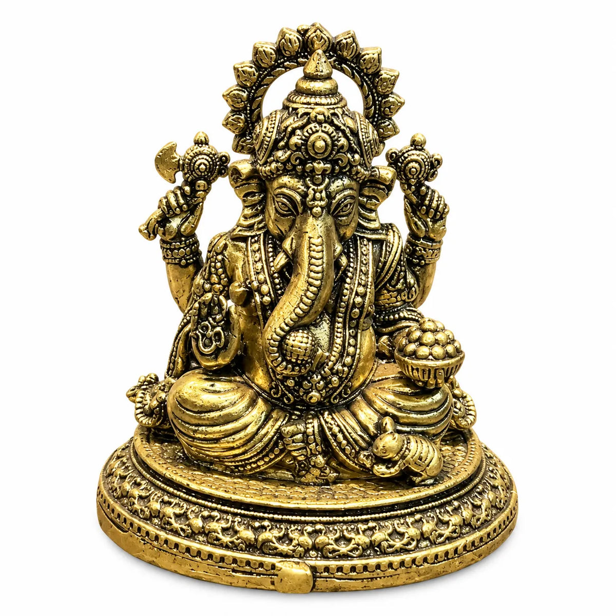 Antique Golden Brass Lord Ganesha Idol with Modak Bowl & Ornate Round Base