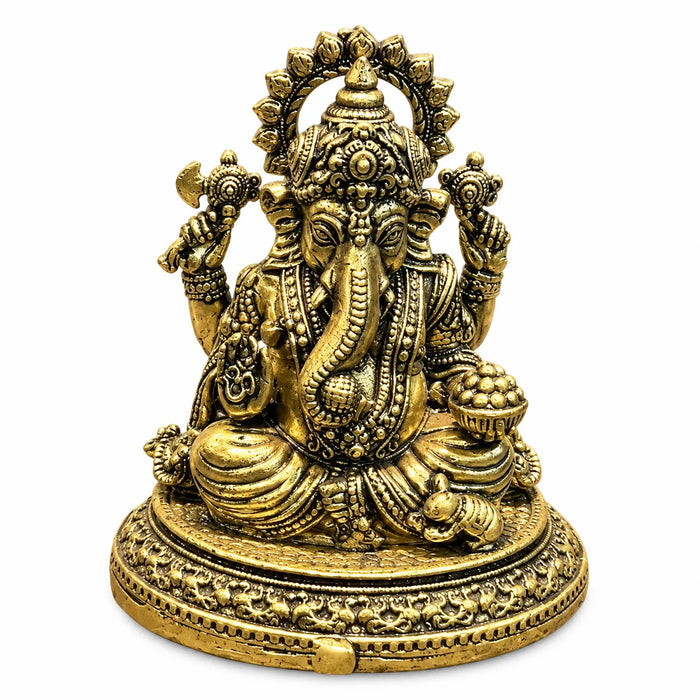 Antique Golden Brass Lord Ganesha Idol with Modak Bowl & Ornate Round Base
