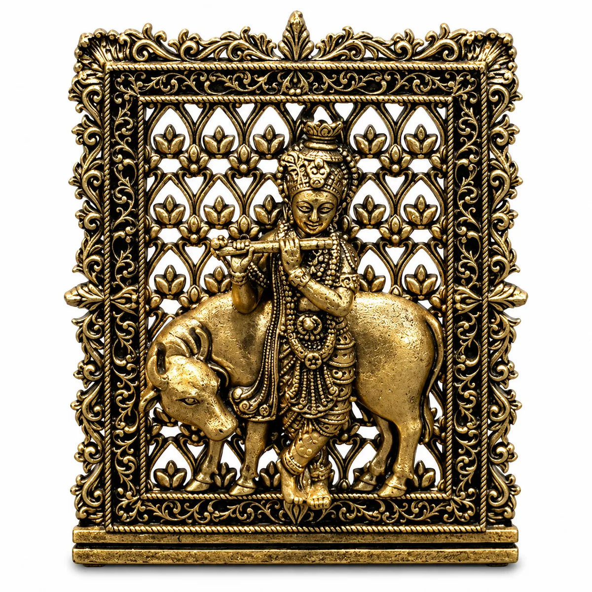 Antique Golden Lord Krishna Idol with Cow in Ornate Decorative Frame
