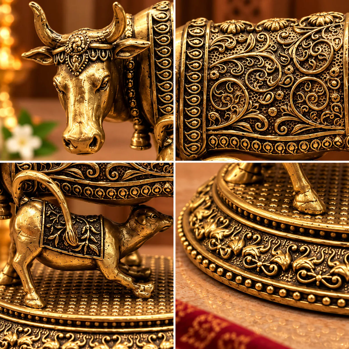 Kamdhenu Cow and Calf Statue in Antique Gold Finish | Decorative Gau Mata Idol