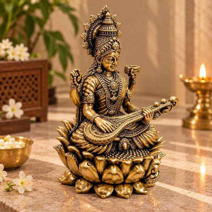 Antique Golden Brass Goddess Saraswati Idol with Veena, Swan & Double Lotus Base