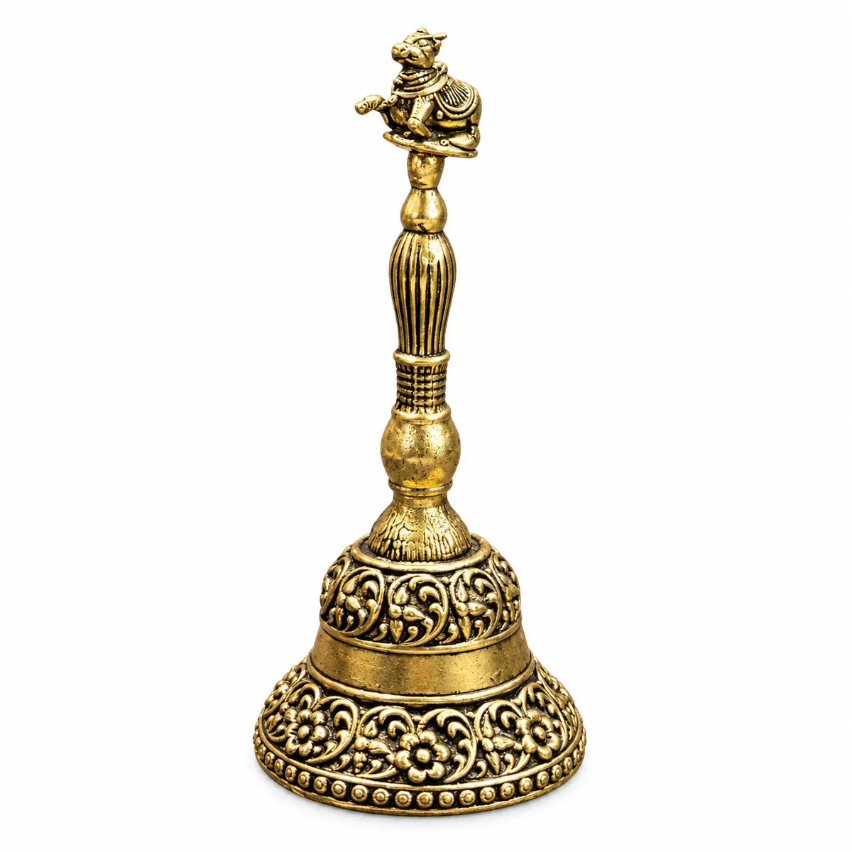 Antique Golden Brass Nandi Temple Bell with Ornate Floral Carvings