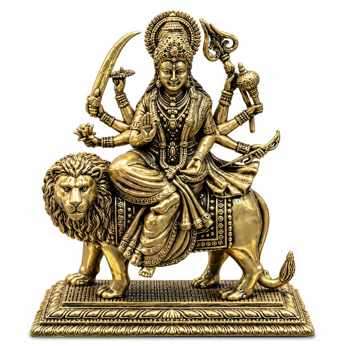 Antique Golden Brass Goddess Durga Idol Riding Lion with Multiple Arms & Decorative Base