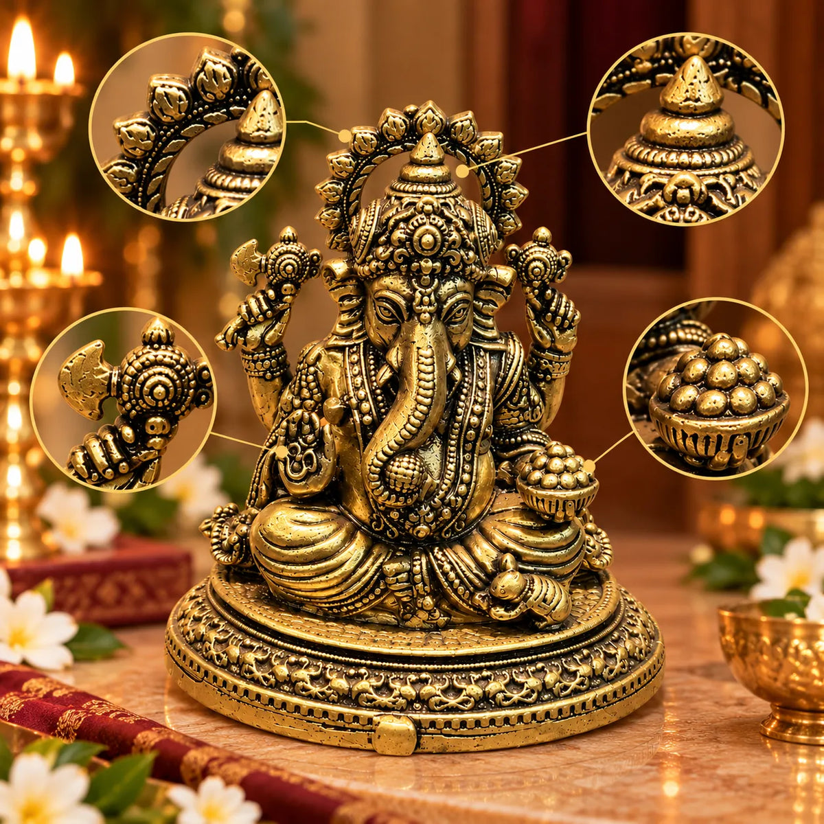 Antique Golden Brass Lord Ganesha Idol with Modak Bowl & Ornate Round Base