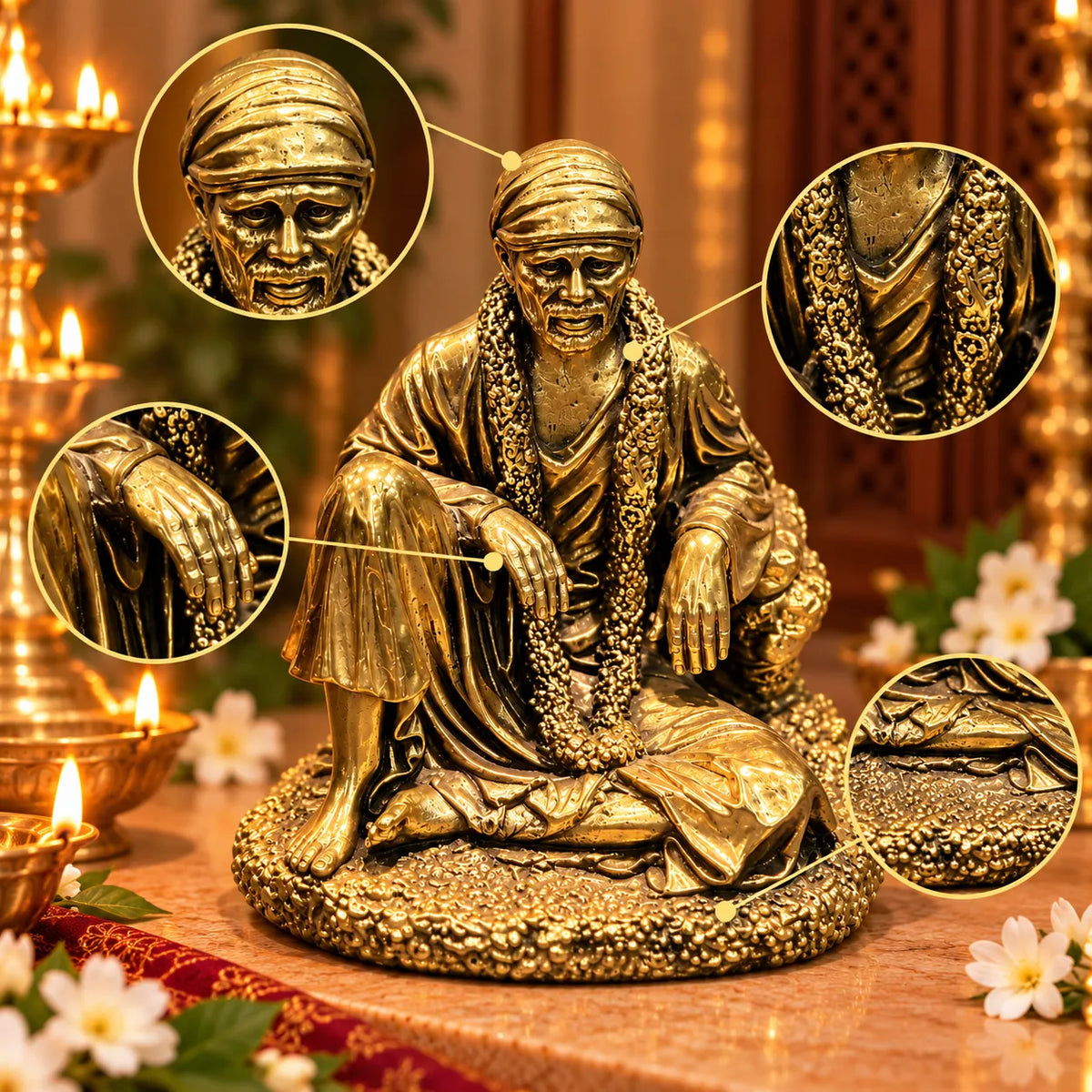 Antique Golden Shirdi Sai Baba Idol in Seated Pose with Ornate Floral Base