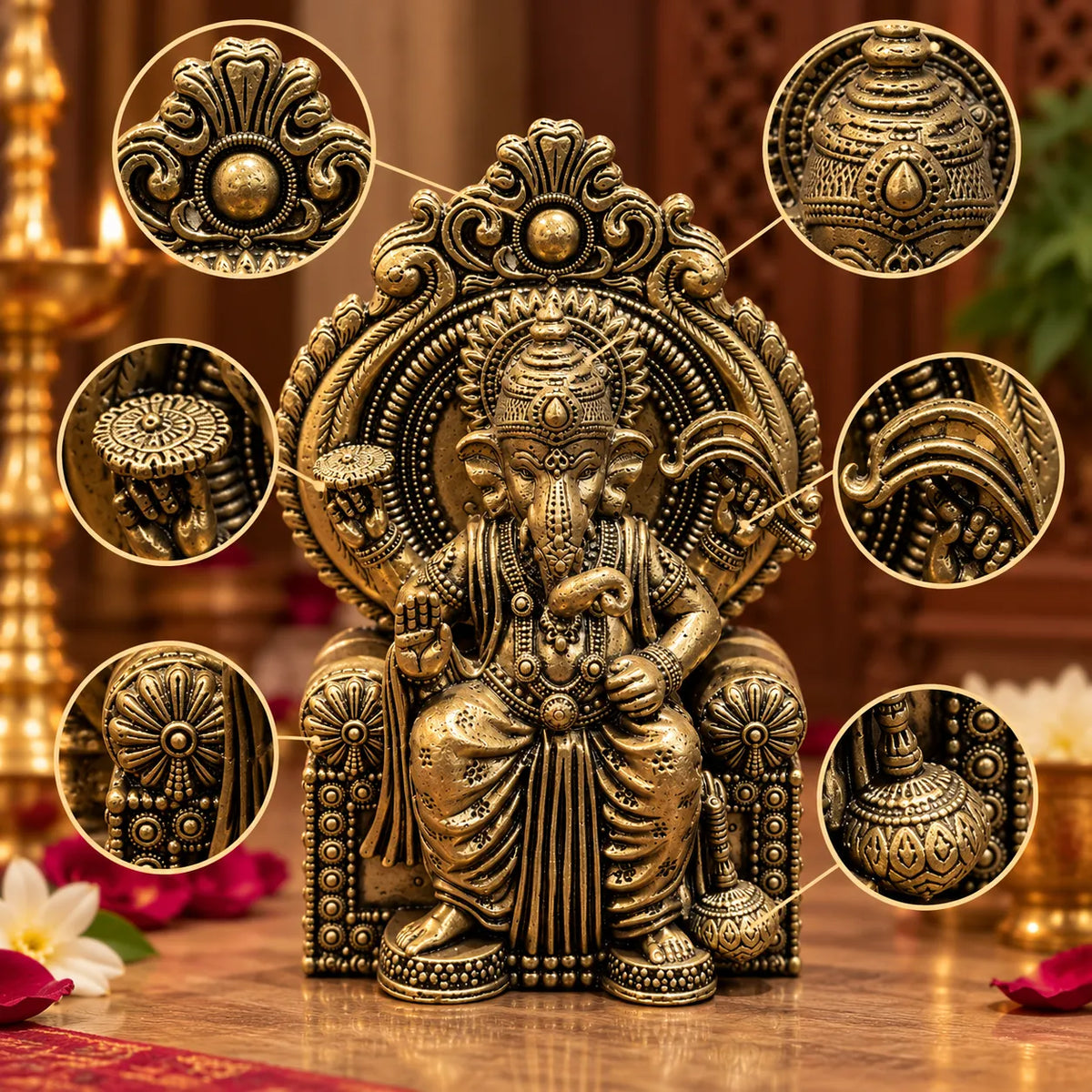 Antique Golden Lord Ganesha Idol Seated on Royal Throne with Ornate Halo