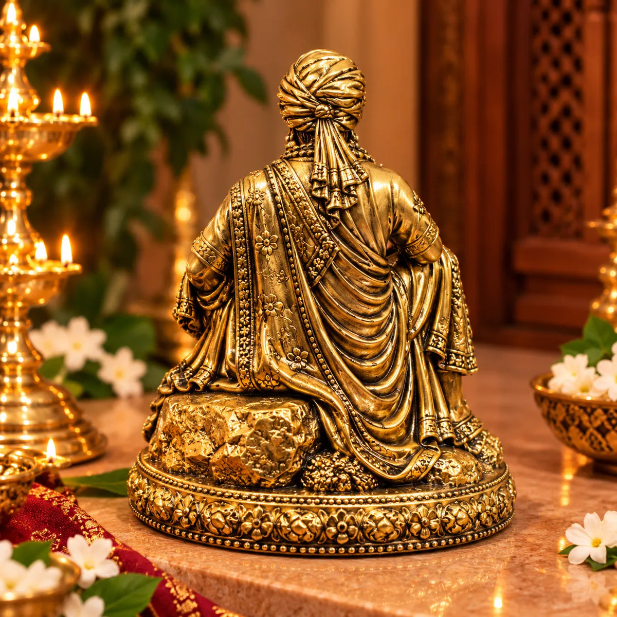 Antique Golden Shirdi Sai Baba Idol in Seated Pose with Ornate Floral Base