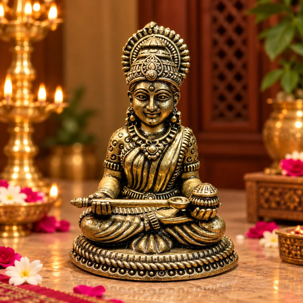 Antique Golden Shirdi Sai Baba Idol Seated on Ornate Round Pedestal