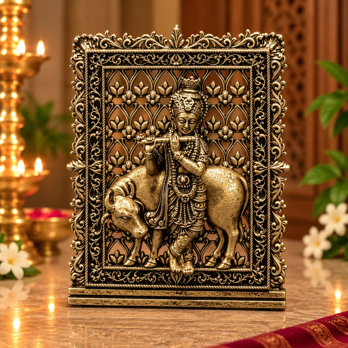 Antique Golden Lord Krishna Idol with Cow in Ornate Decorative Frame