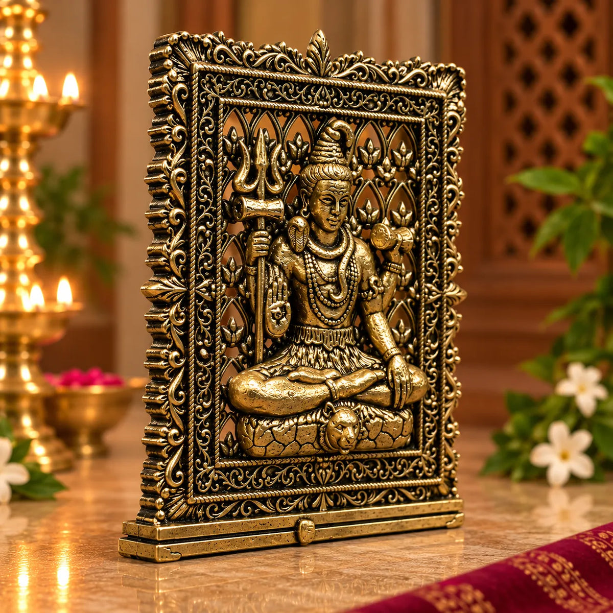 Antique Golden Panchmukhi Hanuman Idol in Ornate Decorative Frame
