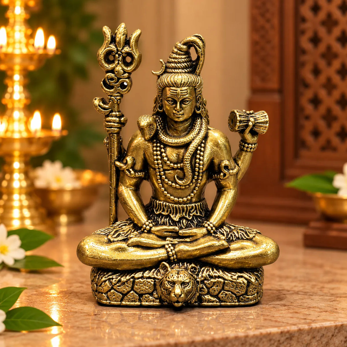 Antique Golden Brass Lord Shiva Idol with Trishul & Damru on Lion-Motif Rock Base