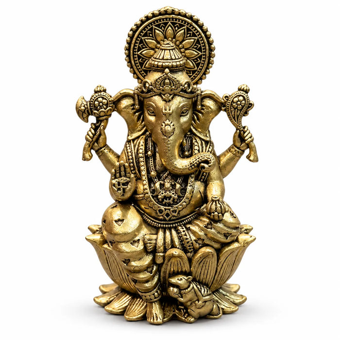 Antique Golden Lord Ganesha Idol with Swastik Blessing Hand & Ornate Lotus Pedestal