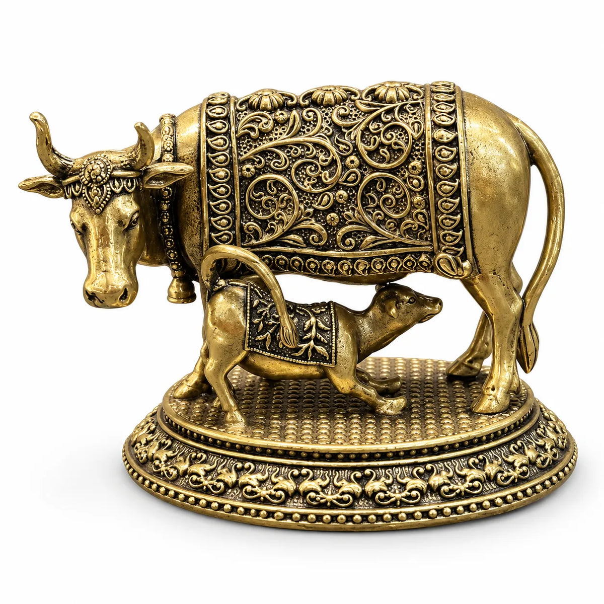 Kamdhenu Cow and Calf Statue in Antique Gold Finish | Decorative Gau Mata Idol
