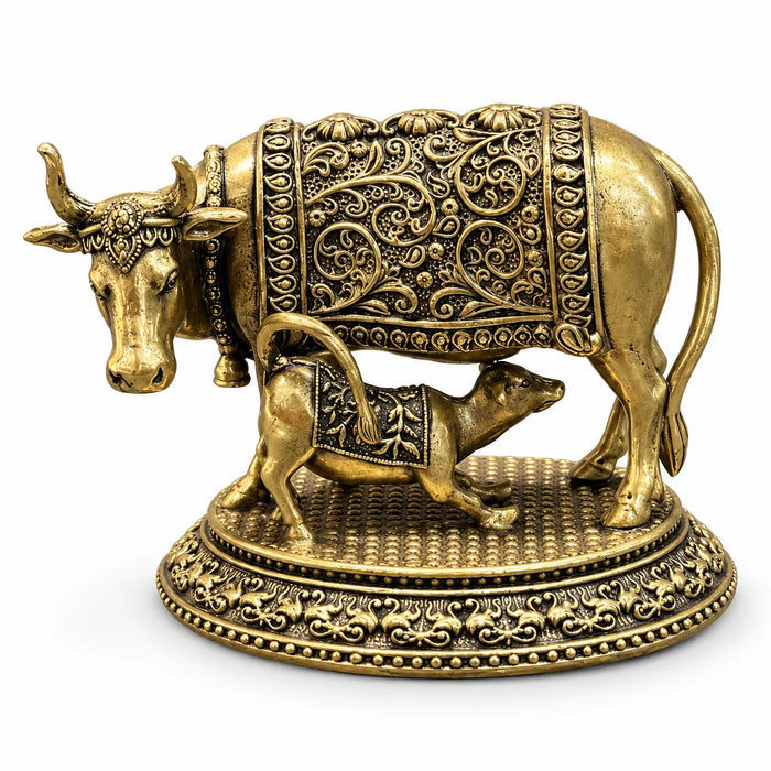 Kamdhenu Cow and Calf Statue in Antique Gold Finish