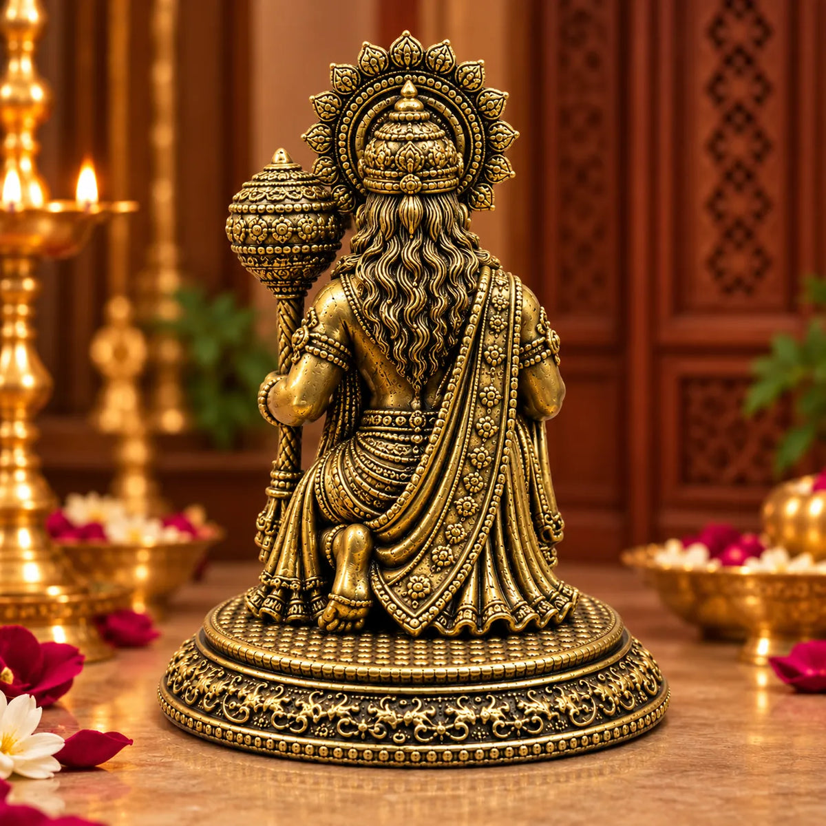 Antique Golden Lord Hanuman Idol with Gada & Ornate Circular Pedestal