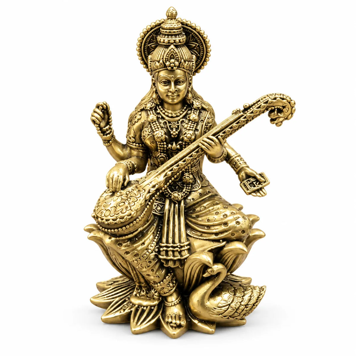 Antique Golden Brass Goddess Saraswati Idol with Veena, Swan & Lotus Base
