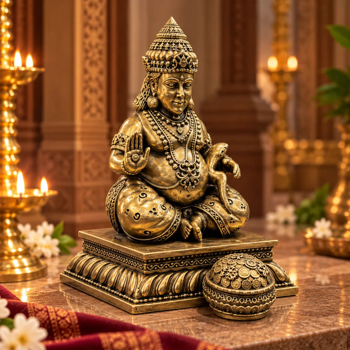 Antique Golden Kubera Idol with Decorative Pedestal – Traditional Wealth God Idol