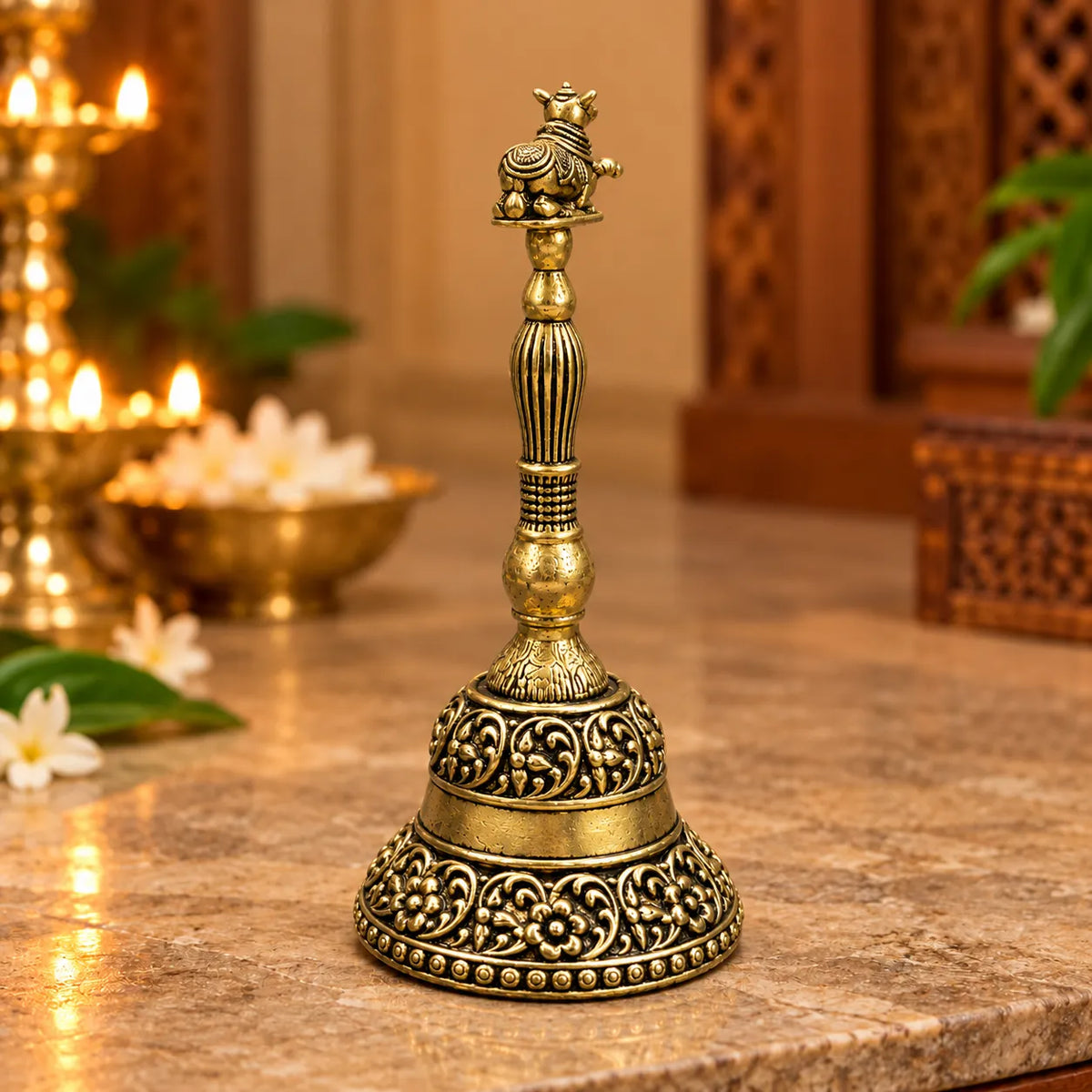 Antique Golden Brass Nandi Temple Bell with Ornate Floral Carvings
