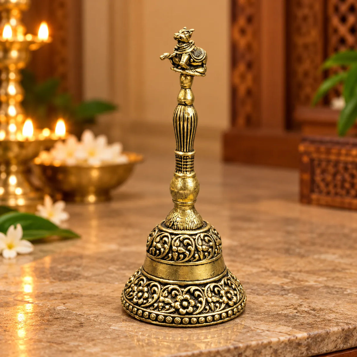 Antique Golden Brass Nandi Temple Bell with Ornate Floral Carvings