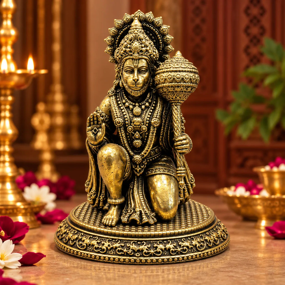 Antique Golden Lord Hanuman Idol with Gada & Ornate Circular Pedestal