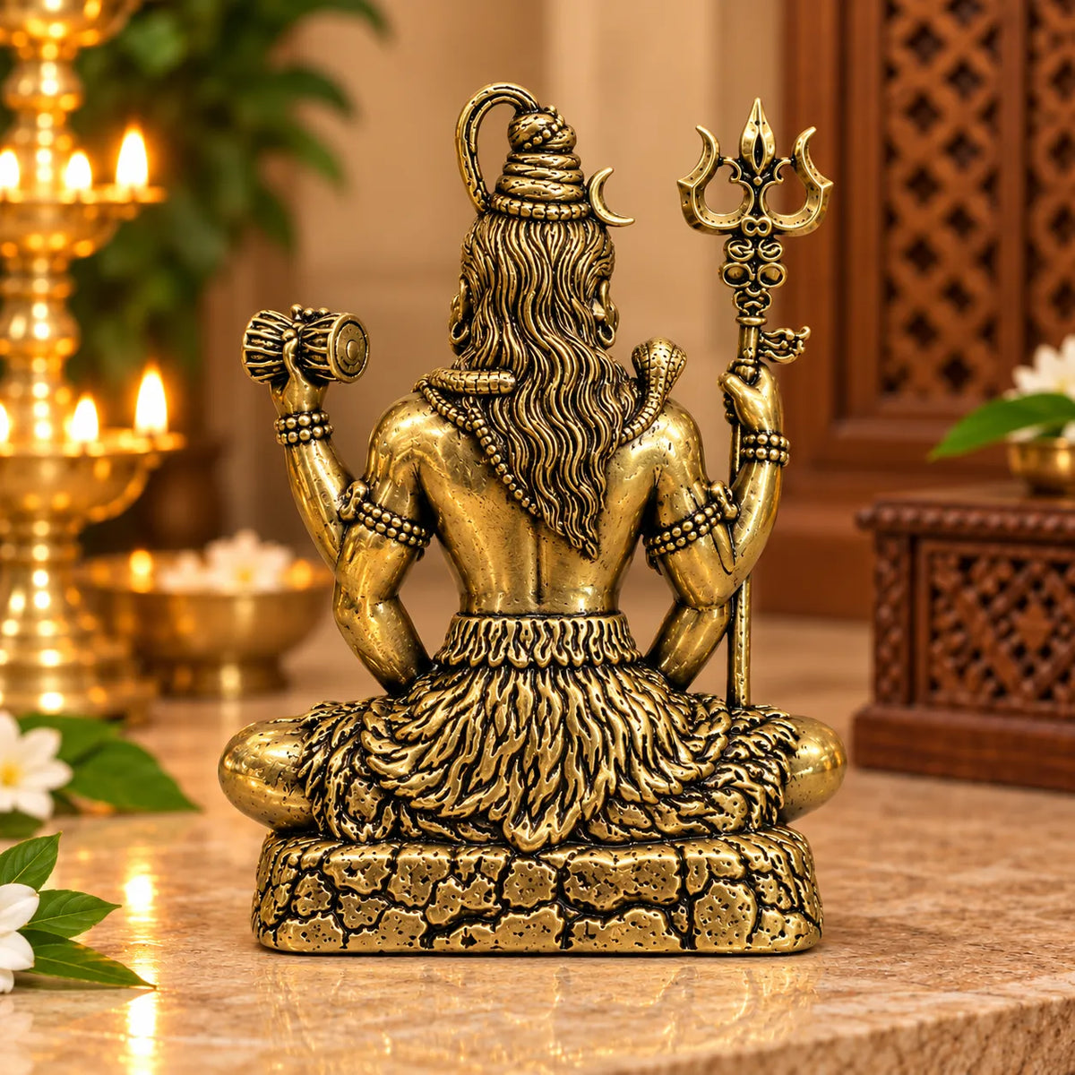 Antique Golden Brass Lord Shiva Idol with Trishul & Damru on Rock Base