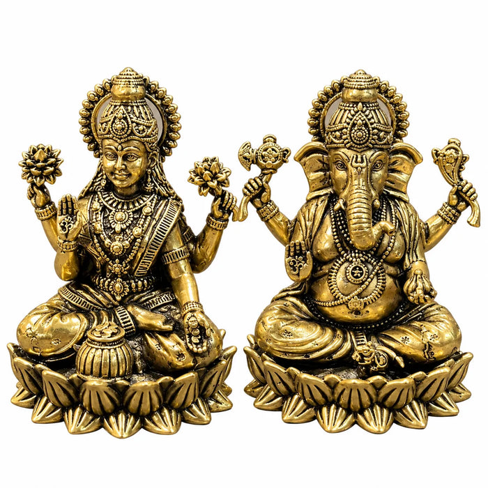 Antique Golden Brass Lakshmi Ganesh Idol Set with Lotus Pedestal