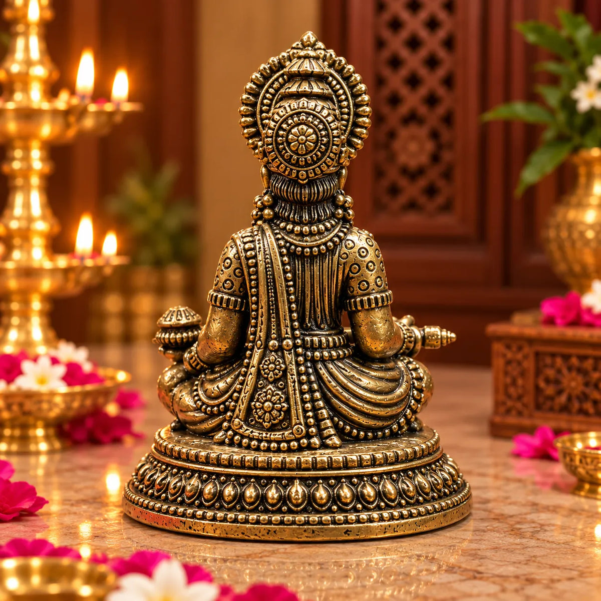 Antique Golden Shirdi Sai Baba Idol Seated on Ornate Round Pedestal