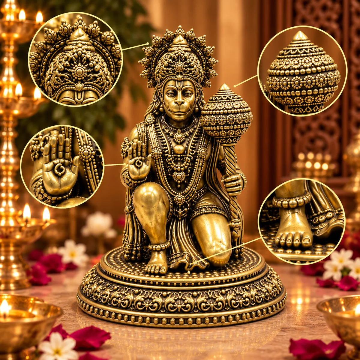 Antique Golden Lord Hanuman Idol with Gada & Ornate Round Pedestal