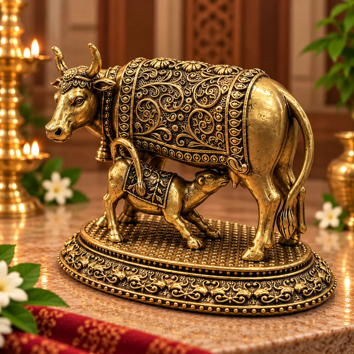 Kamdhenu Cow and Calf Statue in Antique Gold Finish | Decorative Gau Mata Idol