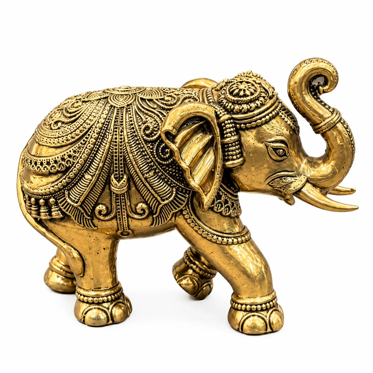 Antique Gold Decorative Elephant Statue with Raised Trunk | Traditional Home Décor