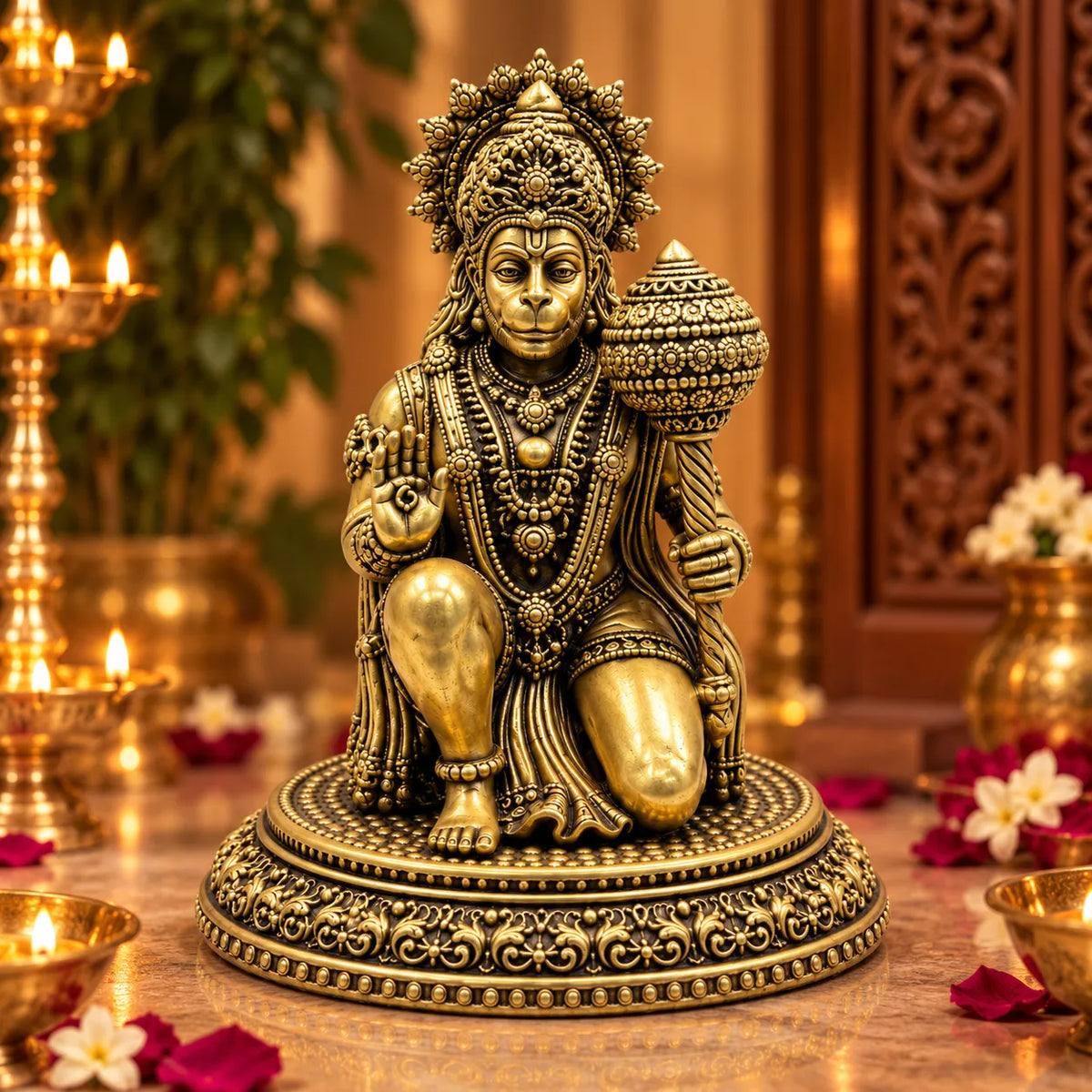 Antique Golden Lord Hanuman Idol with Gada & Ornate Round Pedestal