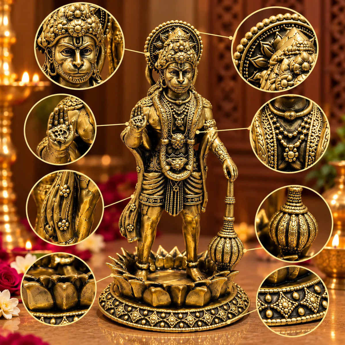 Antique Golden Lord Hanuman Idol with Gada & Decorative Lotus Pedestal
