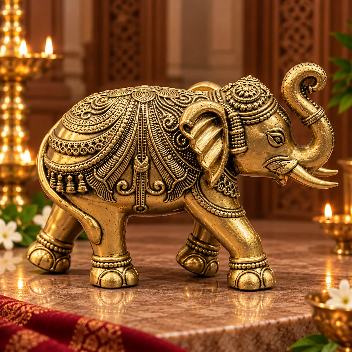 Antique Gold Decorative Elephant Statue with Raised Trunk | Traditional Home Décor
