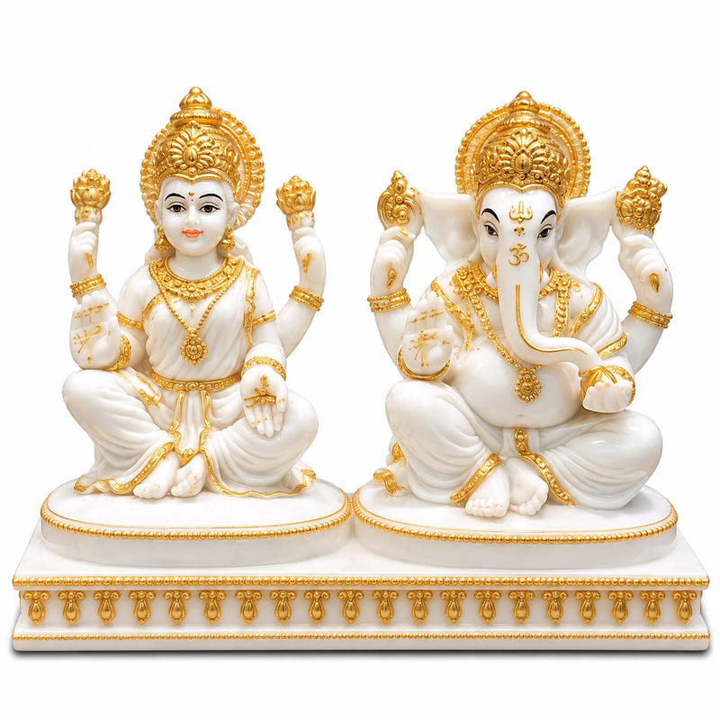 White & Gold Lakshmi Ganesh Idol Set - Premium Decorative Hindu God Murti