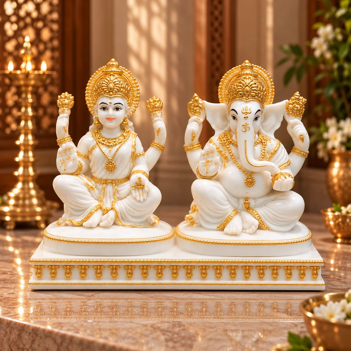 White & Gold Lakshmi Ganesh Idol Set - Premium Decorative Hindu God Murti