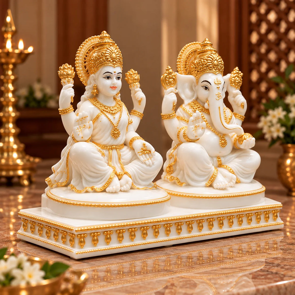 White & Gold Lakshmi Ganesh Idol Set - Premium Decorative Hindu God Murti