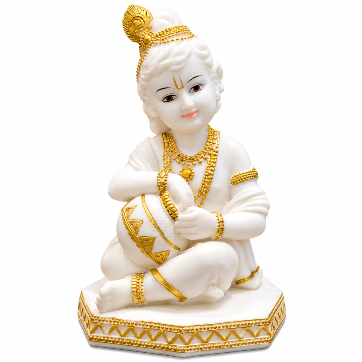 White & Gold Bal Krishna Idol with Makhan Pot - Decorative Laddu Gopal Murti