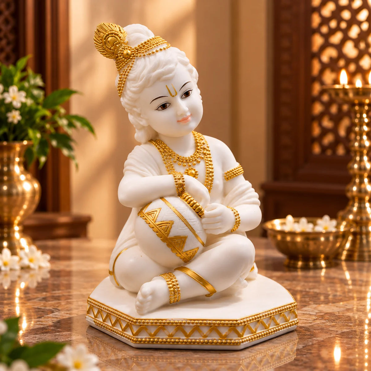 White & Gold Bal Krishna Idol with Makhan Pot - Decorative Laddu Gopal Murti