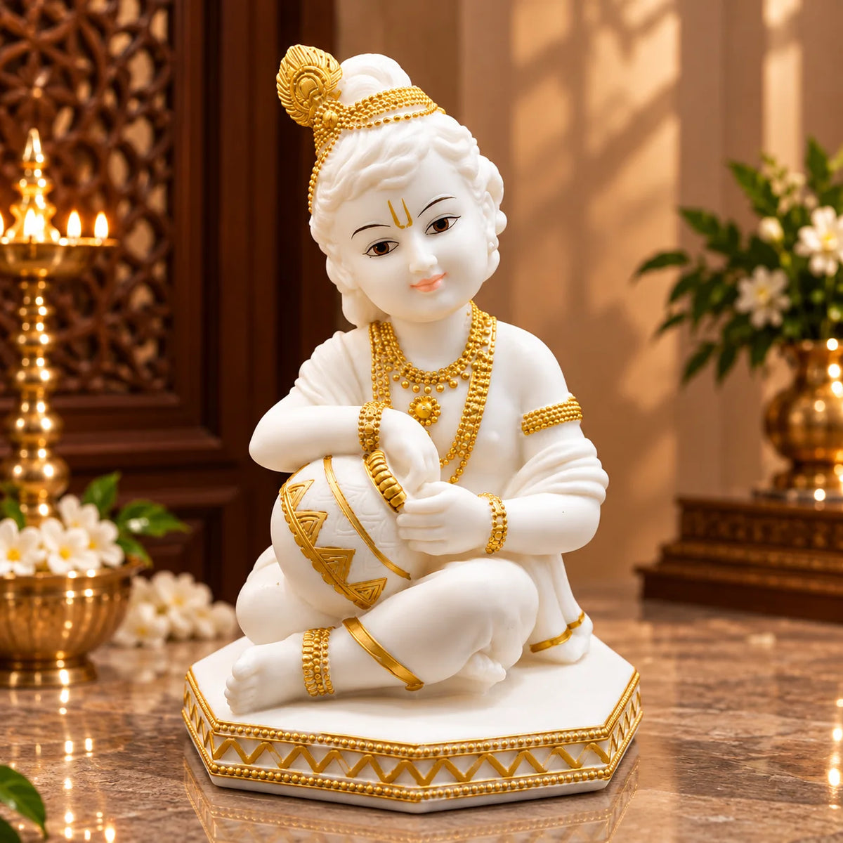 White & Gold Bal Krishna Idol with Makhan Pot - Decorative Laddu Gopal Murti